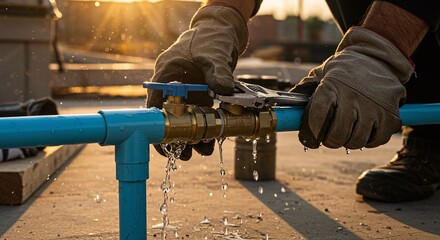 Hands of a professional plumber repairing a leaking plumbing or water pipe with dripping water Concept of plumbing services and emergency repair.