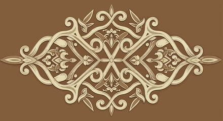 Ornate Symmetry Border Design: Elegant Arabesque Flourish on Brown Background