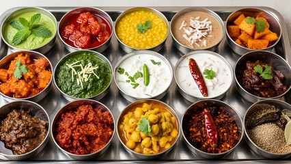 A delectable assortment of Indian curries chutneys and masalas arranged in a metallic tray