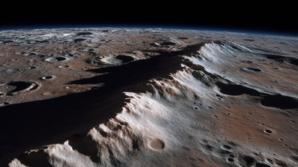 Lunar surface with shadows for planetary science shows rugged terrain and craters under space light
