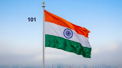 A large flag of India proudly flies against a clear blue sky with the number 101 displayed prominently