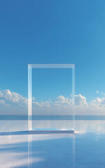 Minimalist Glass Portal Overlooking Serene Ocean Horizon Background