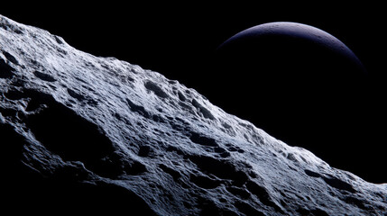 Lunar surface with shadows for planetary science shows rugged terrain illuminated by light revealing craters and textures