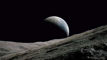 Lunar surface with shadows for planetary science shows detailed rocky terrain under dark sky with distant celestial body