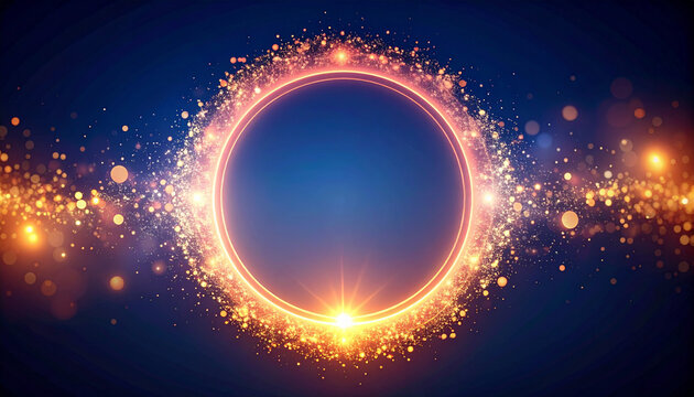 下部から輝く金色円環・光粒子が舞う暖色フレーム