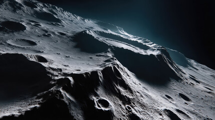 Lunar surface with shadows for planetary science shows cratered terrain under space light