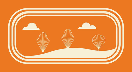 Stylized landscape illustration with trees, clouds and rolling hills within a rounded frame