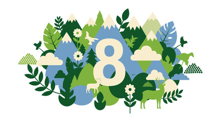 Stylized Nature Scene with Mountains, Flora, Fauna, and Number 8