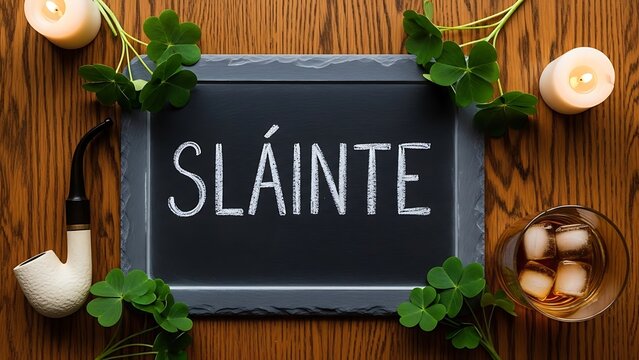Slainte Chalkboard With Irish Clover Pipe And Whiskey 