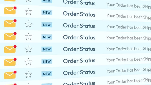 Order status showing in the email list 4k animation close up scrolling on the screen.