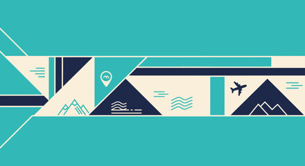 Travel Adventure Icons: Mountains, Airplane, Waves, Location Pin on Geometric Background