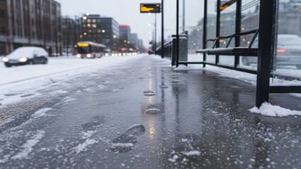 Snowy winter cityscape at evening bus stop with car and pedestrian footprints on icy pavement
