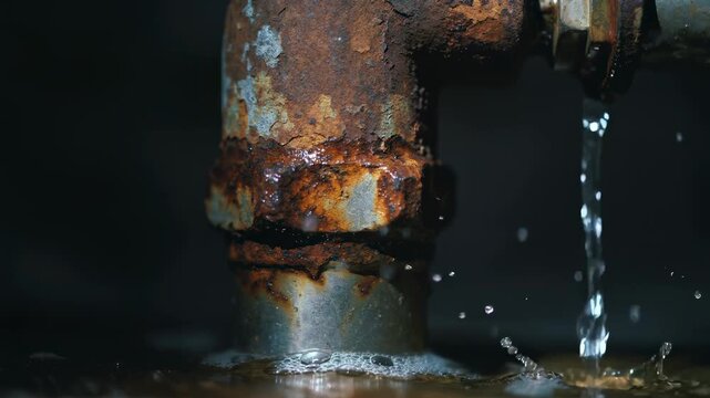 The image shows a rusty pipe leaking water. The water is dripping down and creating bubbles at the base of the pipe.