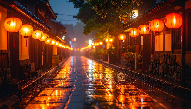 雨に濡れた石畳に映る提灯の黄金色の光