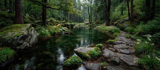 A tranquil stream flows through a lush, mossy forest