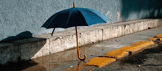 A lone open umbrella casts a shadow on a sidewalk next to a painted curb