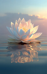 Glowing White Lotus Bloom Sunset Water Reflection Art