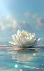 Pure White Water Lily Floating on Ethereal Glowing Blue Pond