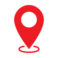 Red pin marker with base ring shadow. GPS map marker symbol. Location pin vector icon for use in navigation apps, GPS tracking interfaces, travel websites, delivery service maps