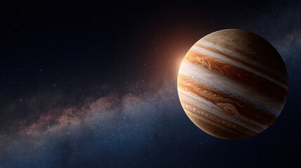 Jupiter is visible against a backdrop of stars and a galaxy. The planet's bands and colors are clear, showing its gas giant nature in deep space