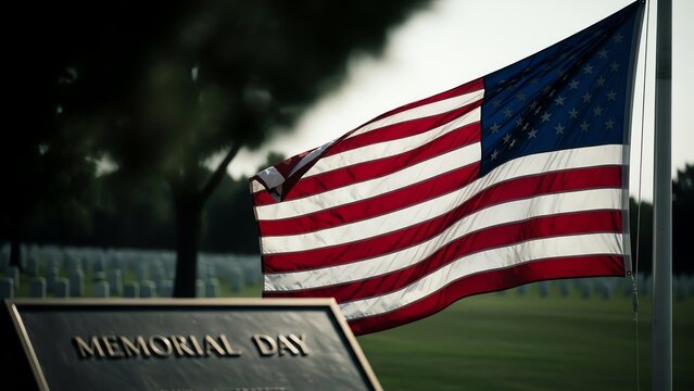 American flag waving over Memorial Day remembrance