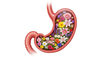 Human stomach filled with flowers in the digestive system, medical concept of healthy stomach. Isolated on white background