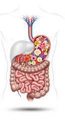 Human stomach filled with flowers in the digestive system, medical concept of healthy stomach. Isolated on white background