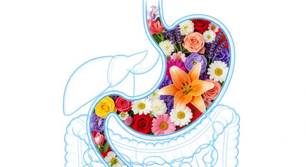 Human stomach filled with flowers in the digestive system, medical concept of healthy stomach. Isolated on white background