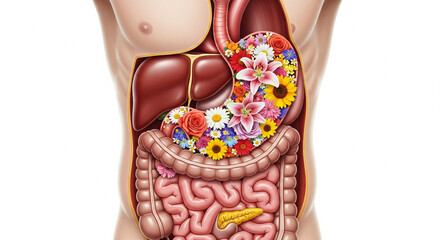 Human stomach filled with flowers in the digestive system, medical concept of healthy stomach. Isolated on white background