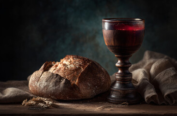 Rustic bread wine chalice, wooden cup communion still life art