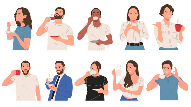 Men and women drinking coffee and tea in different poses, enjoying hot beverages during daily routines. Flat vector illustration set showing people relaxing with cups and mugs at home, office, or cafe