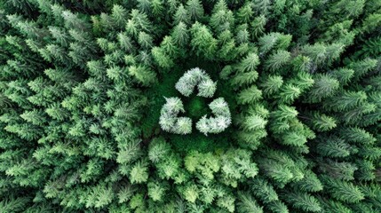 Aerial view of a forest with a recycling symbol made of trees