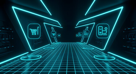 Neon blue shopping cart icons in futuristic digital corridor