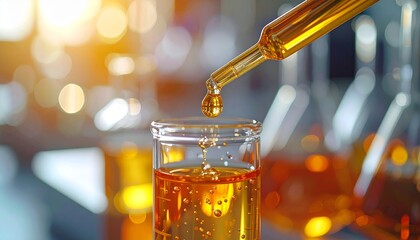 Amber liquid drips from pipette into flask in lab setting