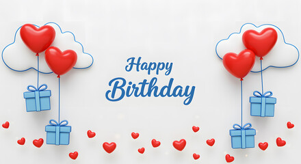 Red heart balloons blue gift boxes happy birthday text
