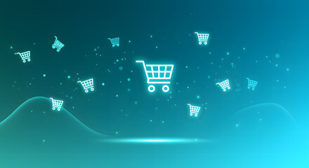 White shopping carts on a glowing blue green abstract background