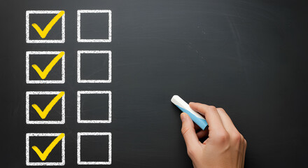 Hand marking yellow checkmarks on a chalkboard checklist