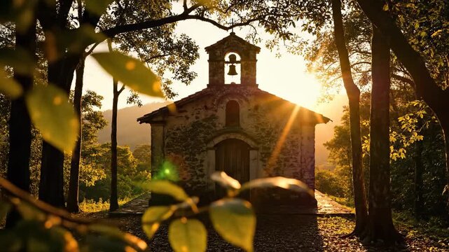 The sun sets behind an old church, casting a warm light over the stone structure. The beautiful church surrounded by trees enhances the tranquil atmosphere of the scene.