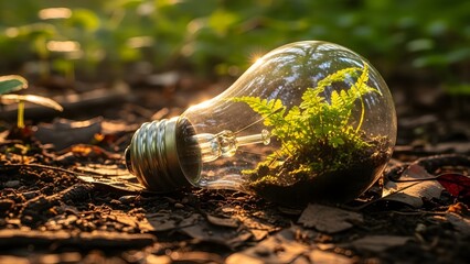 Green fern growing inside a glass lightbulb on forest floor. Sustainable energy and eco innovation. Discarded bulb containing a small plant in soil under warm natural sunlight