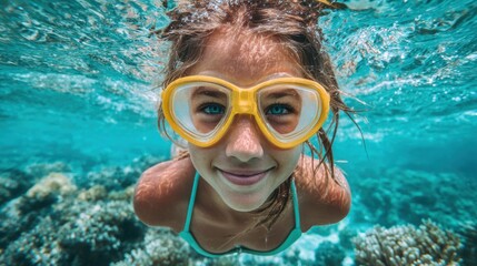 Fototapeta premium Young girl swims underwater wearing yellow goggles, enjoying the ocean