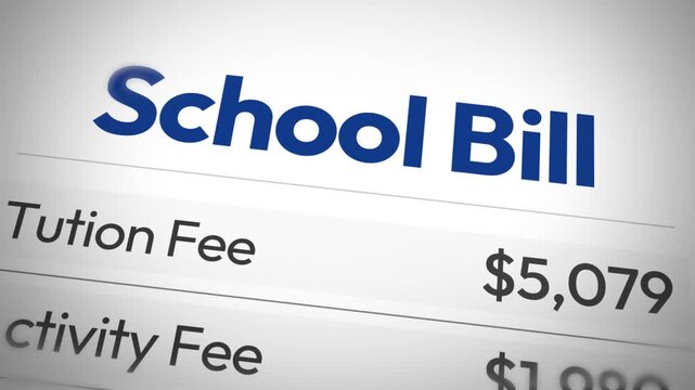 School Bill close up showing tution fee and activity fee with numbers on the right side 4k animation. Education, studying, semester, college.