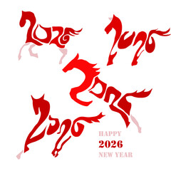 Holiday card Happy New Year 2026. Stylized image of a fire horse according to the Eastern Chinese calendar. Astrological New Year.