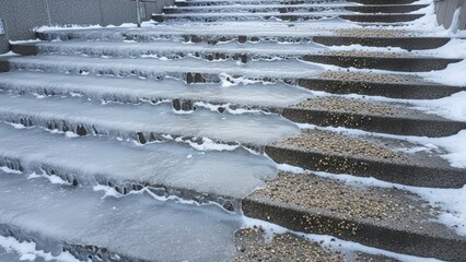 Frozen concrete steps with ice and snow creating a hazardous surface