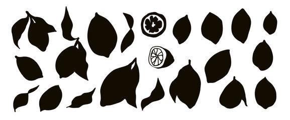 Fototapeta premium Silhouette lemon illustrations. Hand drawn naive doodle fruit featuring slices, branches in cutouts. Vector lemons scribble hand drawn isolated no bg.