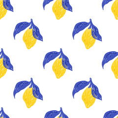 Seamless pattern with naive scribble lemons. Summer fruit crayon design for textiles, kitchen decor. Mediterranean endless floral tropical lemon print. Vector hand drawn fresh citrus background. © Syuzann q
