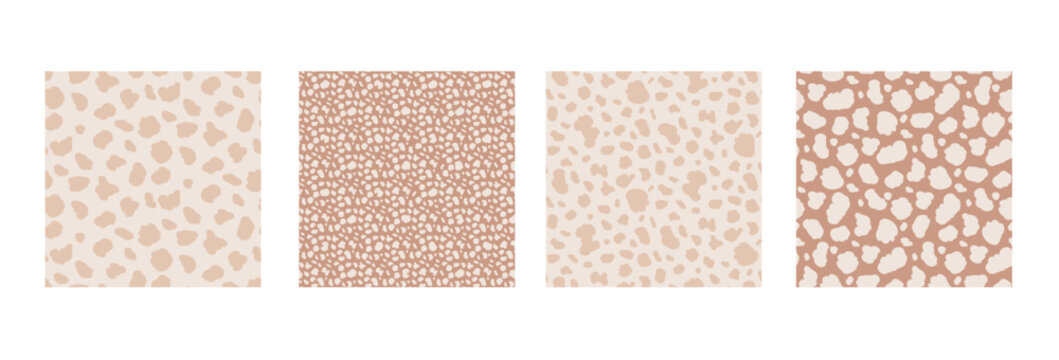 Beige spots seamless patterns. Monochrome irregular blobs print collection. Cow freeform amoeba backgrounds set. Vector seamless bg. Camo neutral nude colors animal mini patterns. Spotty wallpapers.