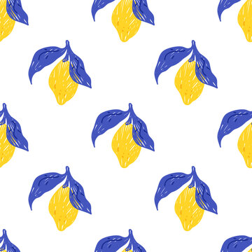 Seamless pattern with naive scribble lemons. Summer fruit crayon design for textiles, kitchen decor. Mediterranean endless floral tropical lemon print. Vector hand drawn fresh citrus background.