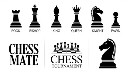 A black and white illustration of chess pieces and designs arranged in a grid layout