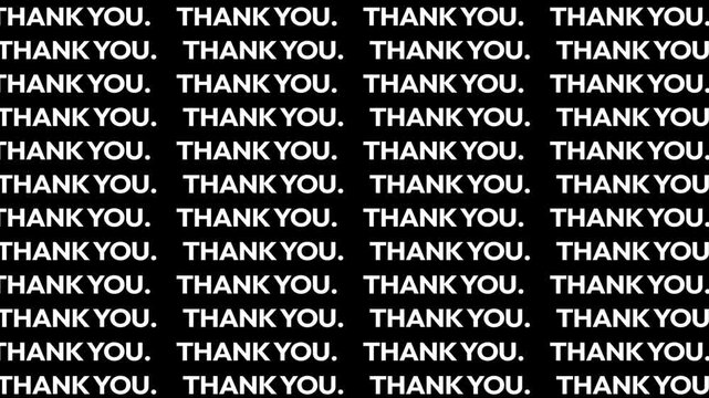 Thank you message scrolling through the black screen 4k animation, minimalist typography backdrop.