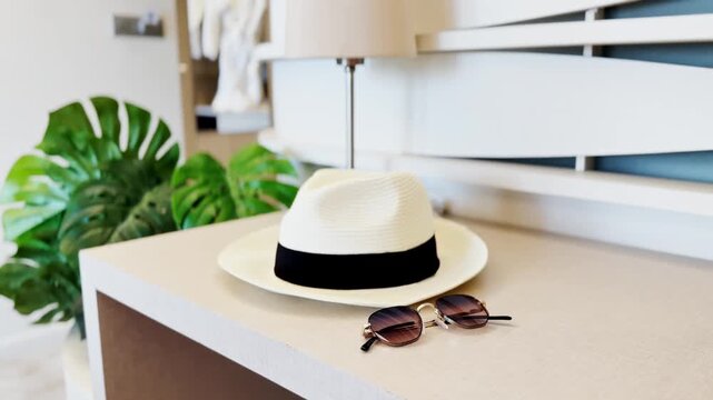 A Classic Panama Hat and Sunglasses in a Bright and Modern Hotel Room